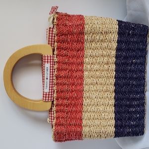 Tommy Hilfiger, wicker purse,summer purse,patriotic,red,tan,blue,wood handles